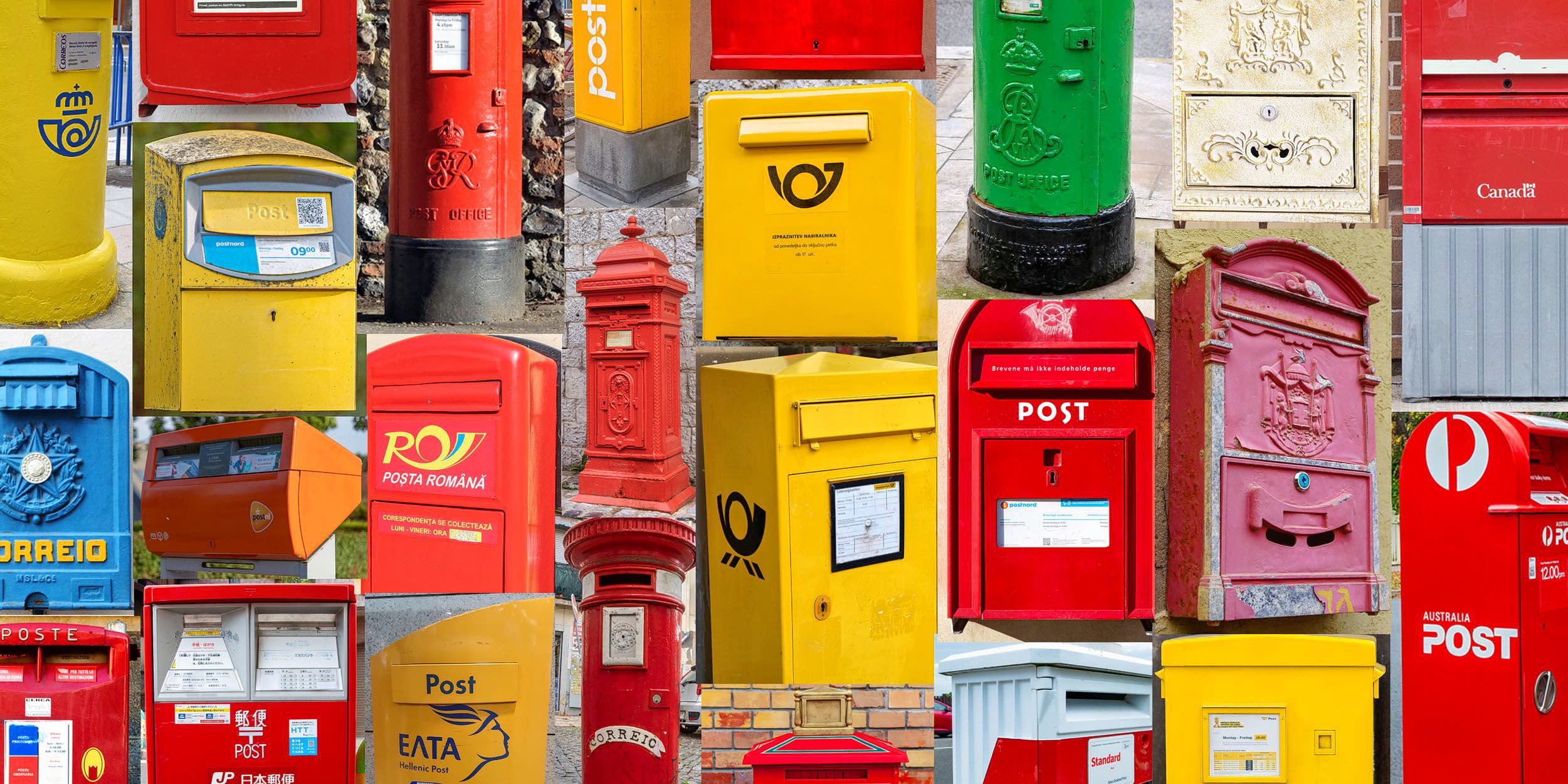A collage of mailboxes from around the world